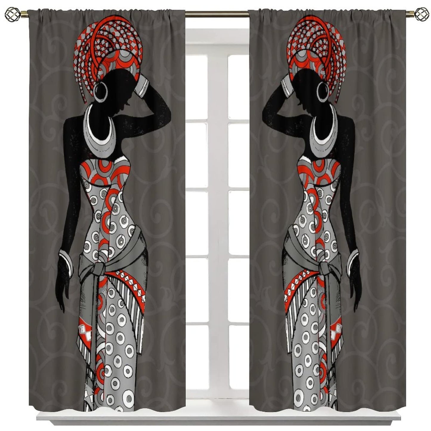 JESTRONRY Black Girl Window Curtains,African Woman Hand Drawn Tribal Ethnic Theme Room Darkening Door Window Rod Pocket Curtain for Living Room Bedroom Kitchen Bathroom Decor W42xL45in