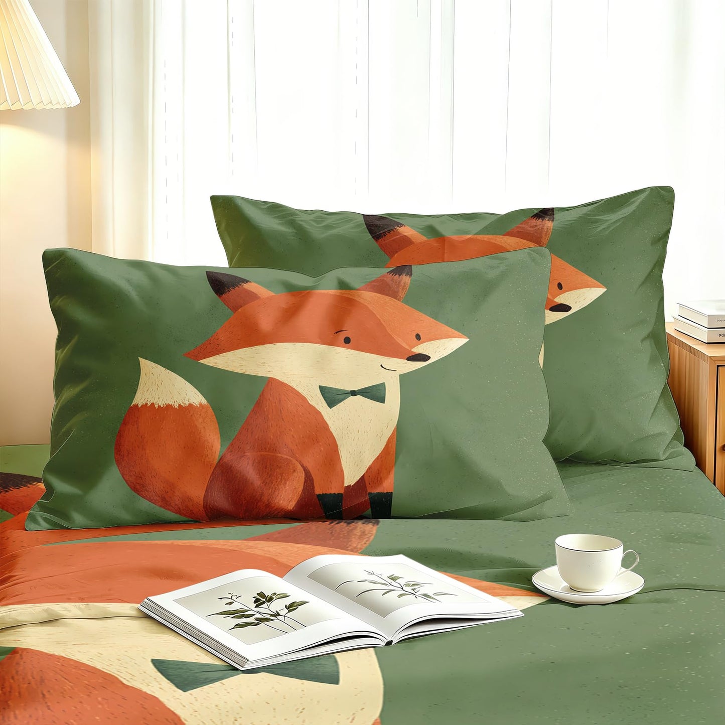 Fox Twin Bedding Set Cartoon Animal Sheet Sets, Orange Green
