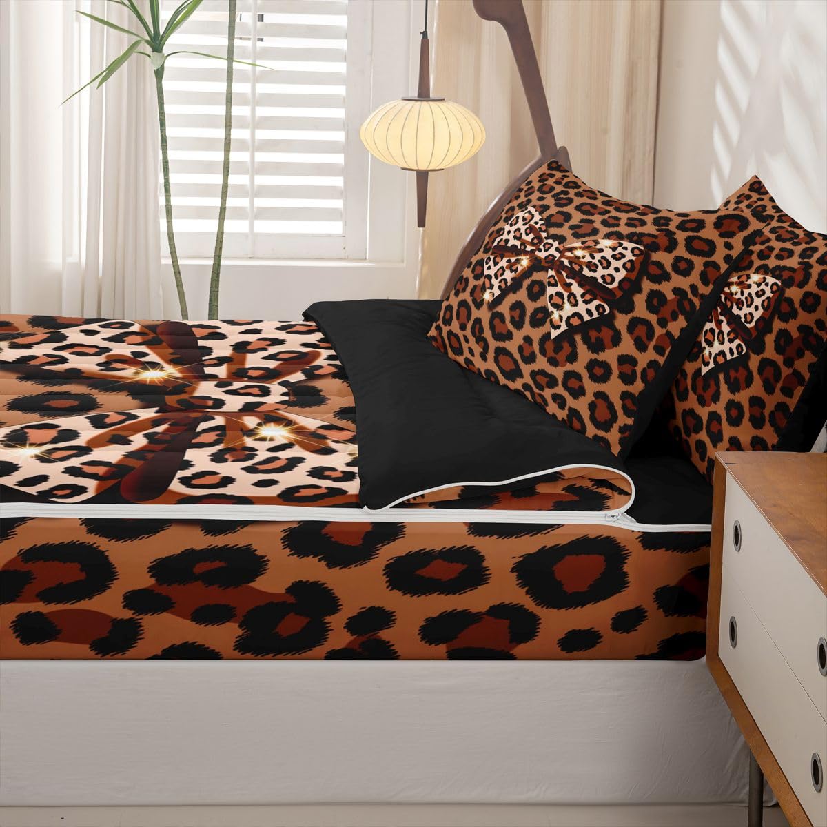 jejeloiu Girls Bow Zipper Bedding Leopard Print Comforter Set for Kids Boys Girls Twin Size White Brown Bowknot Zippered Kids Bedding Set Ultra Soft Cheetah Bed in a Bag Animal Print