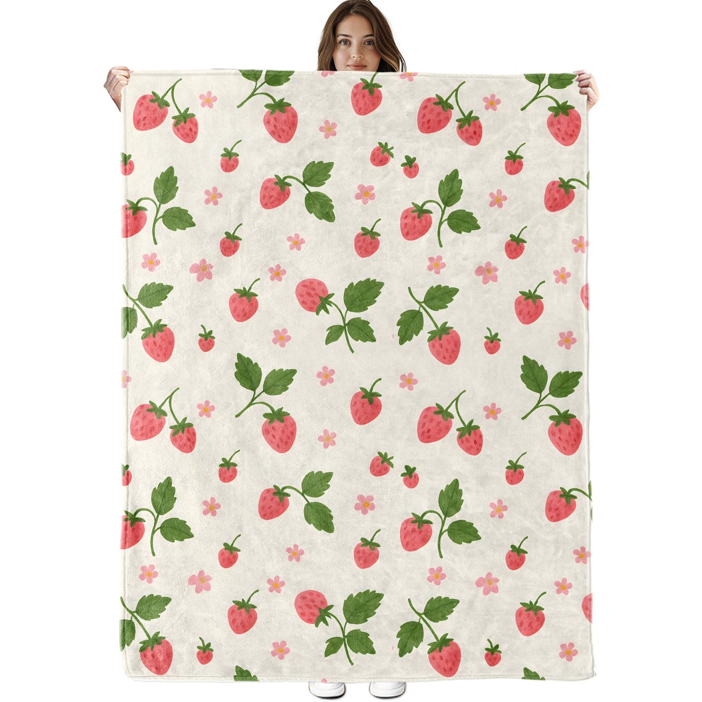 Cute Strawberry Blanket, Lightweight Cozy Pink Berries, Green Leaves and Small Flowers Throw Blanket Gifts for Women Girls Kids, 50×60 Inch Soft Warm Flannel Throws for Bed Decor Travel Couch