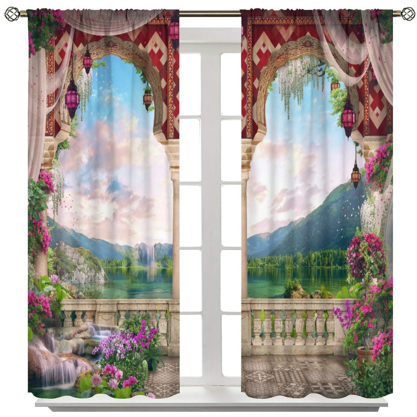 Italian Landscape Curtains for Kitchen Garden Waterfall Lake Nature Scenery Print Pattern Decorative Window Treatments for Bedroom Living Room Bathroom 41x44.5in（No Blackout）