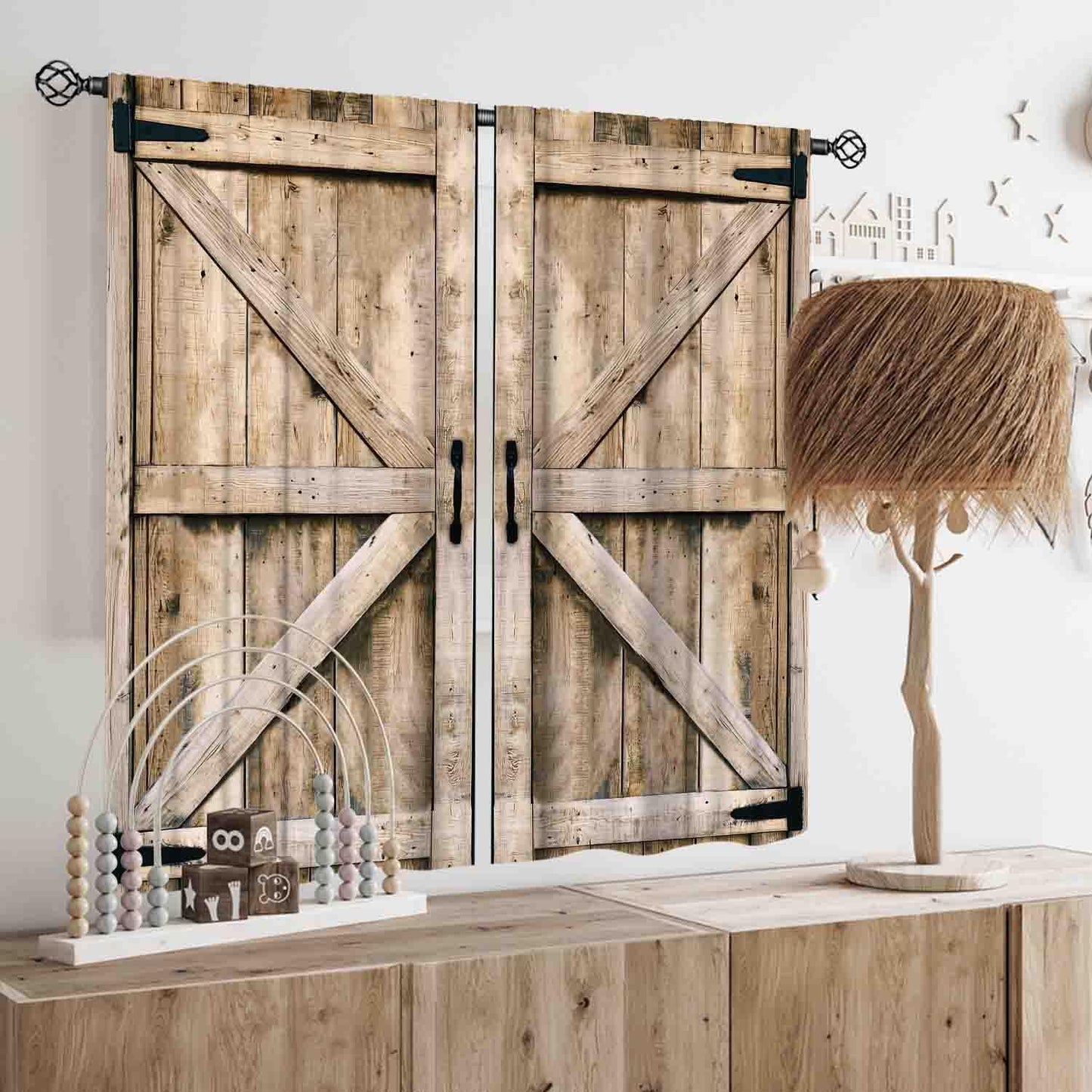 TKUYO Barn Door Curtains, Farmhouse Rustic Wooden Barnwood Garage Gate Cottage Country Western Style Window Treatments Drapes for Bedroom Living Room Kitchen 2 Panels, 55x39 Inch