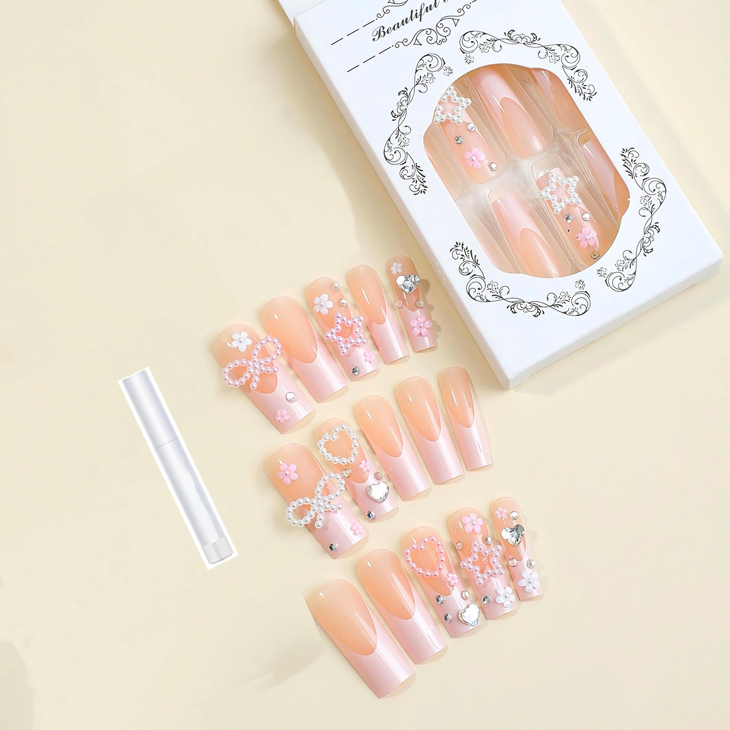 BABALAL Long Square Press on Nails - Pink French Tip Fake Nails, 3D Pearl Bow Heart Charm Acrylic Nails for Valentines Day, 24Pcs