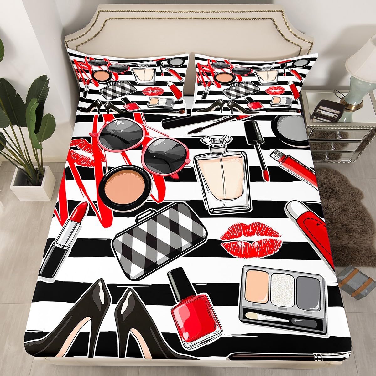 Homewish Makeups Fitted Sheet Queen,Glasses Lipstick Lips Bedding Set 3pcs for Girls Woman Teens Room Decor,Black White Stripes Bed Cover Modern Bed Sheet Set with 2 Pillowcases