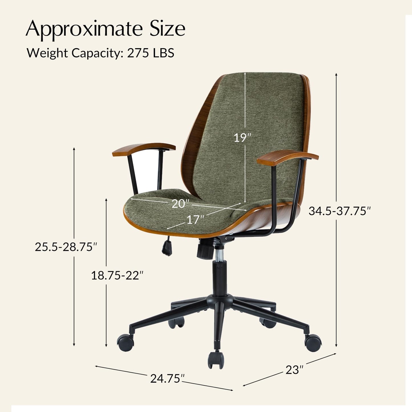 HULALA HOME Solid Wood Office Chair with Rocking Function, Comfy Fabric Desk Chair with Bent Wood and Metal Base, Height Adjustable Swivel Computer Task Chair, Green