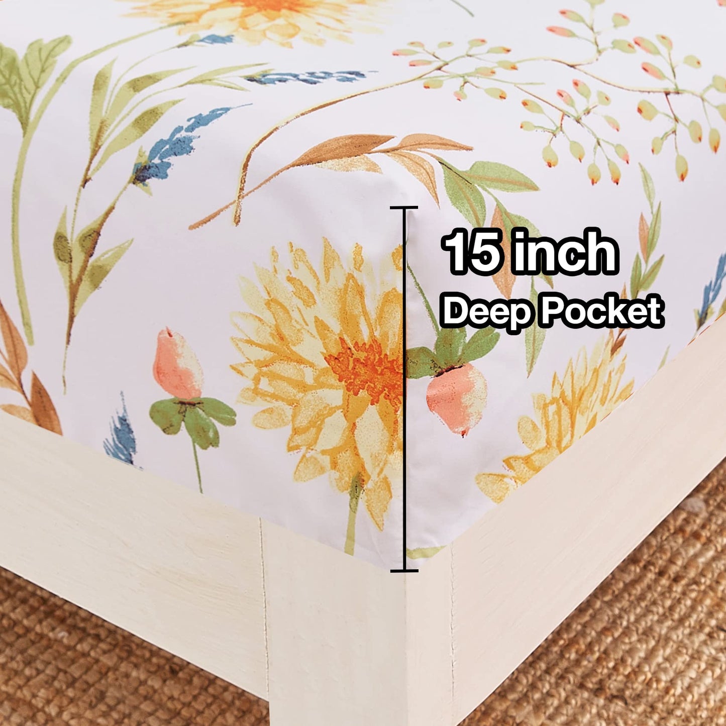JSD Yellow Floral Printed Sheet Set King Size, 4 Piece Soft Botanical Microfiber Bedding Sheets Extra Deep Pocket
