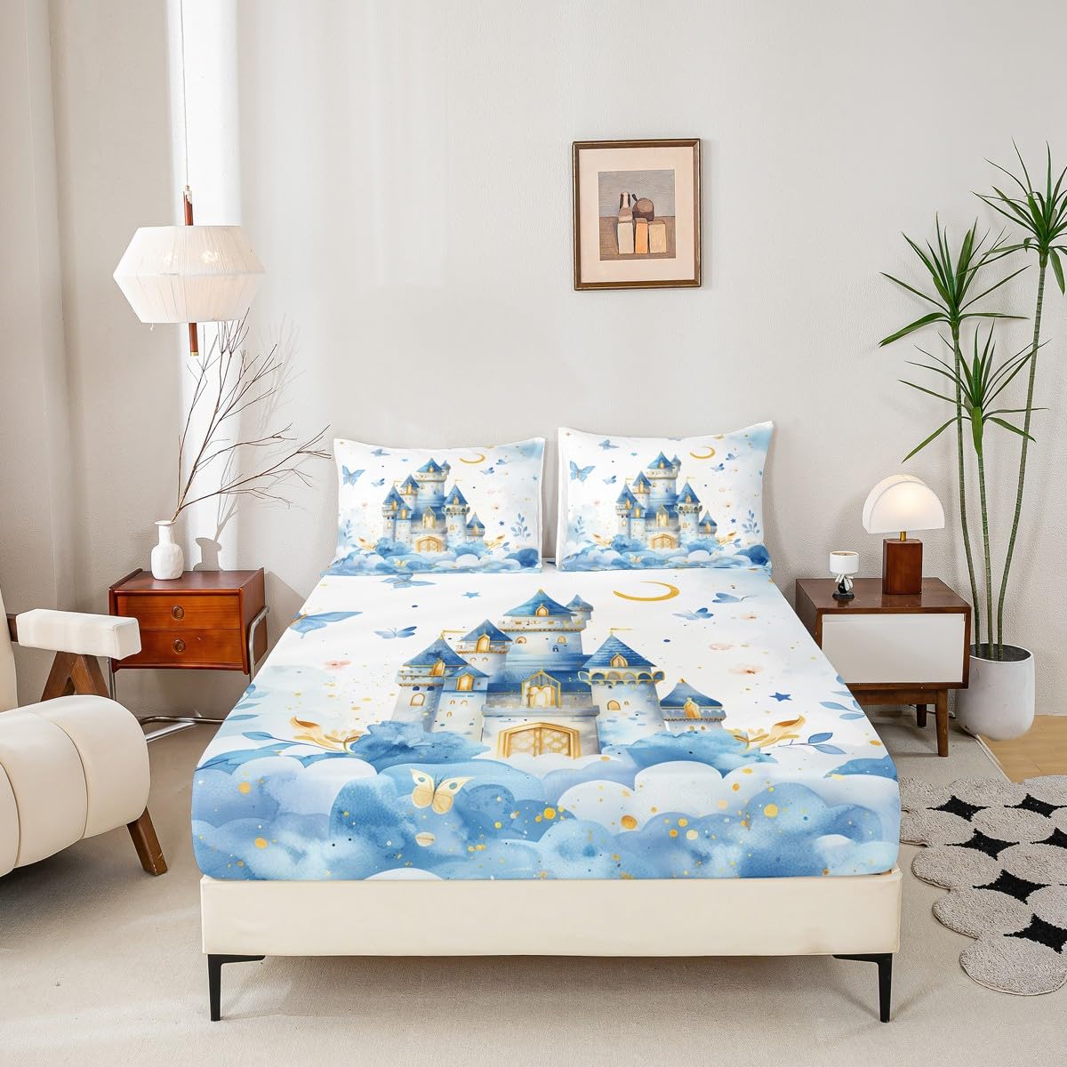 Erosebridal Girls Princess Twin Fitted Sheet - Castle Dreamy Bedding Set for Kids Teen, Blue Butterfly Floral Bottom Sheets Only | Moon and Stars Cute Girly Bed Set 2 Piece Bedroom Decor
