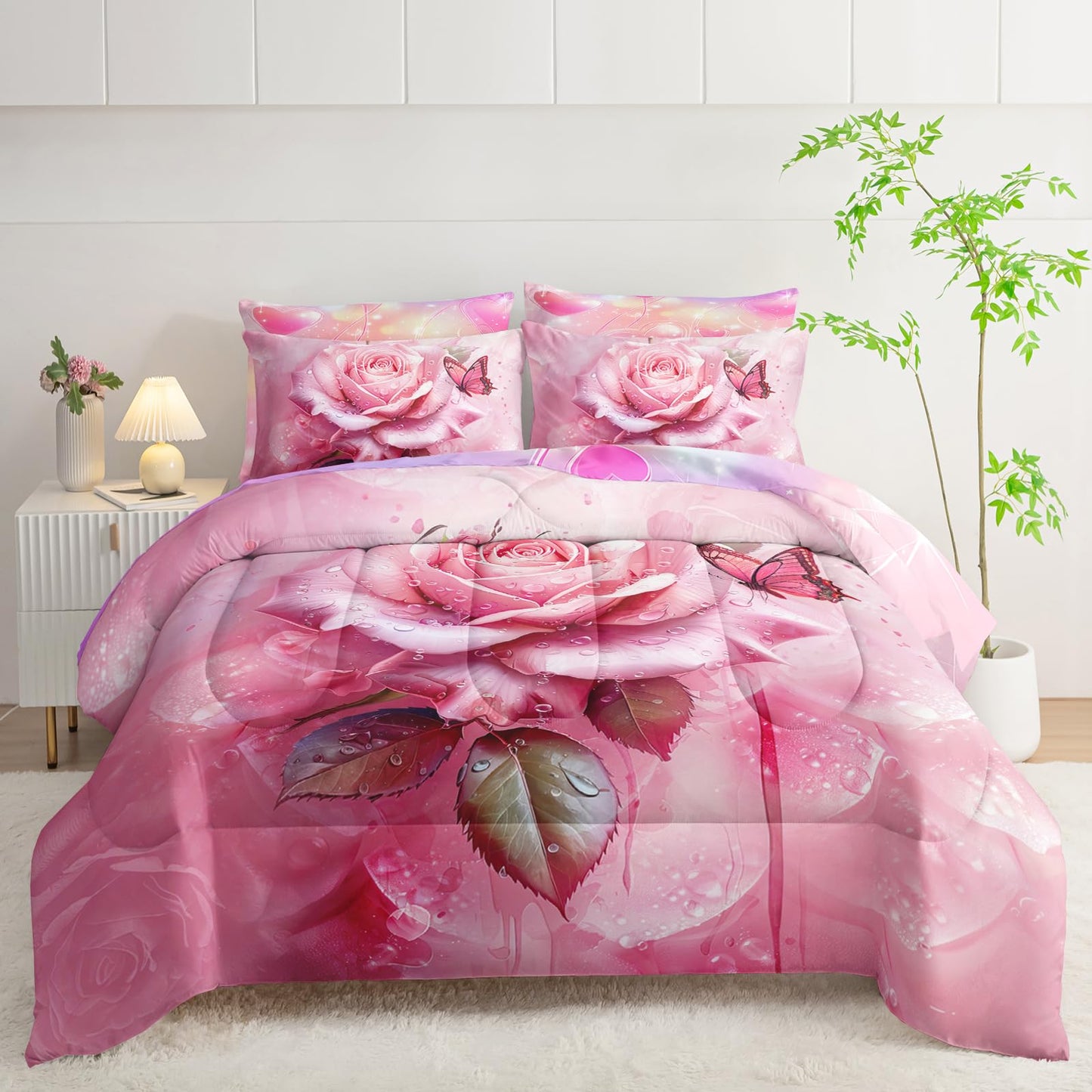 AILONEN Pink Rose Comforter Set Full Size for Girls Women,7-Piece Soft Bed in a Bag,Rose Flower Butterfly Comforter & Fitted Sheet & Flat Sheet & 2 Pillowcases,2 Pillow Shams