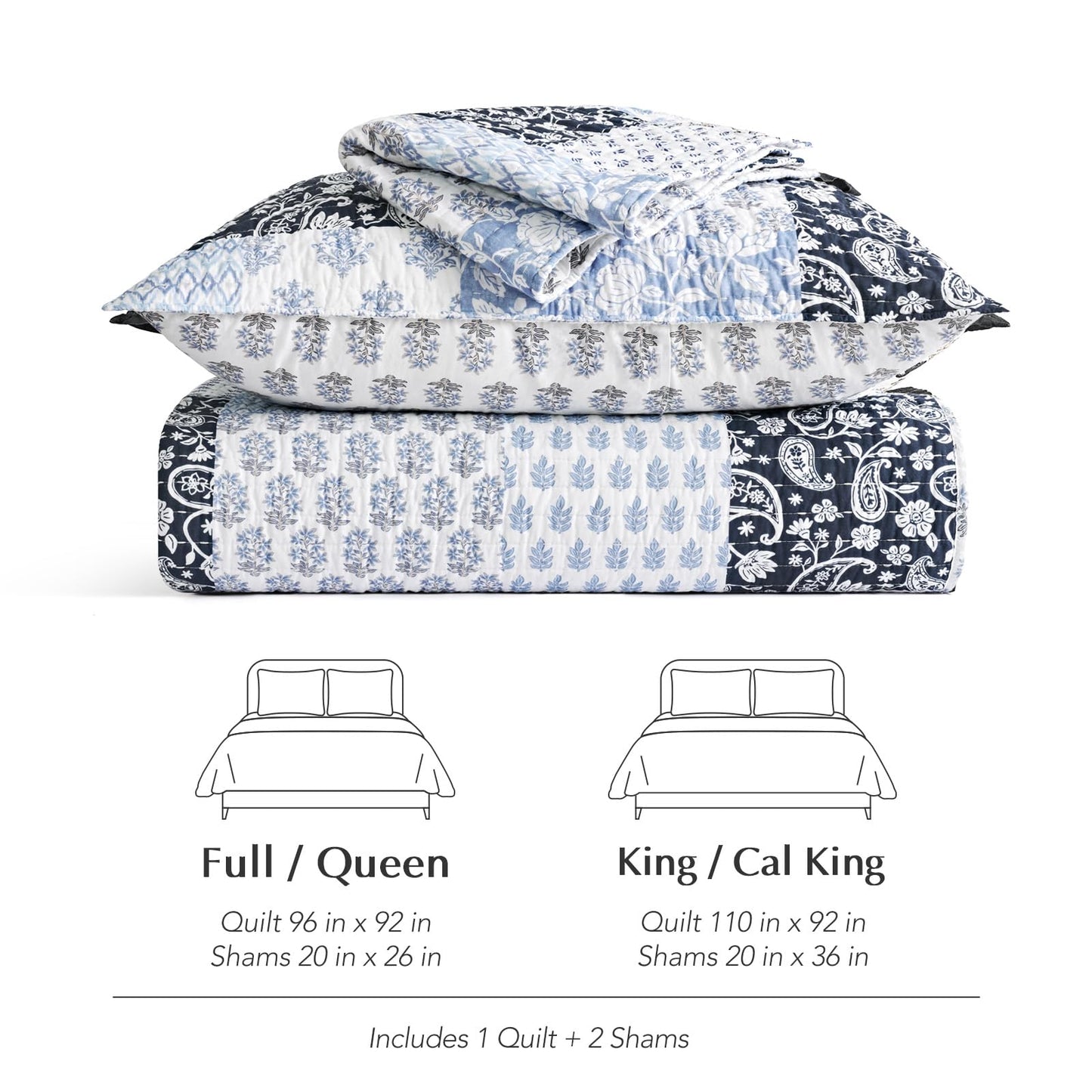 EverGrace Cotton Quilt Set King Size,100% Cotton Reversible Lightweight Bedspread Coverlet, Printed Patchwork Farmhouse Bedding, Traditional Block Print Quilt with 2 Pillow Shams,Coastal Blue 110"×92"