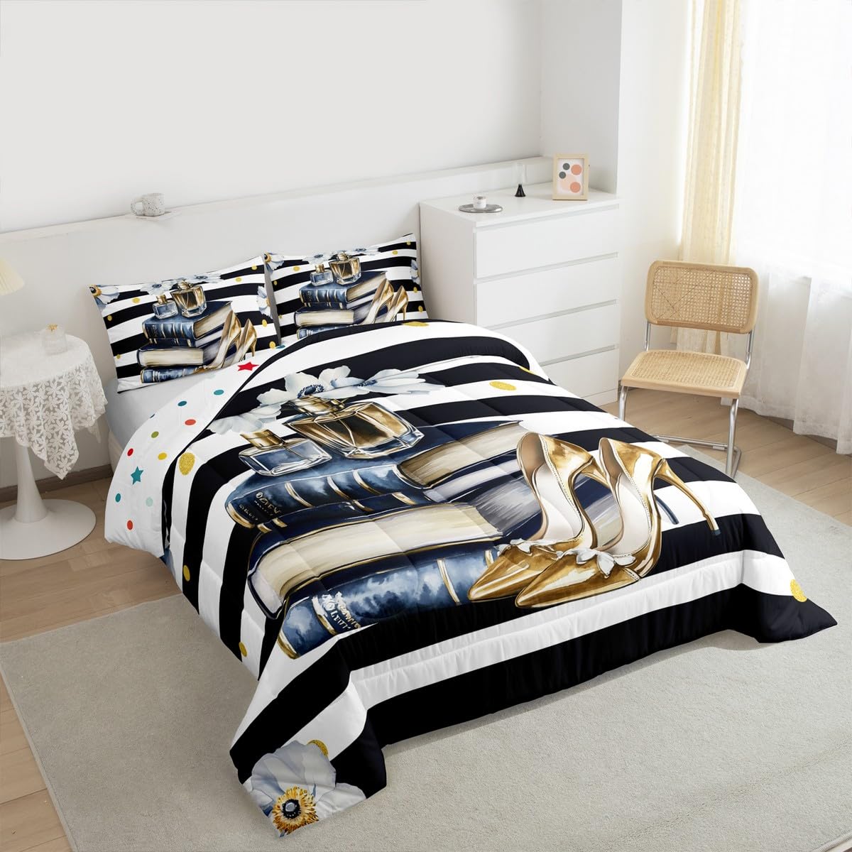 Erosebridal Fashion Comforter King Size for Girls Teens Women Black White Stripes Bedding Set Blue Gold Floral & Oil Painting Book Modern Duvet Insert Perfume High Heels Bed Sets
