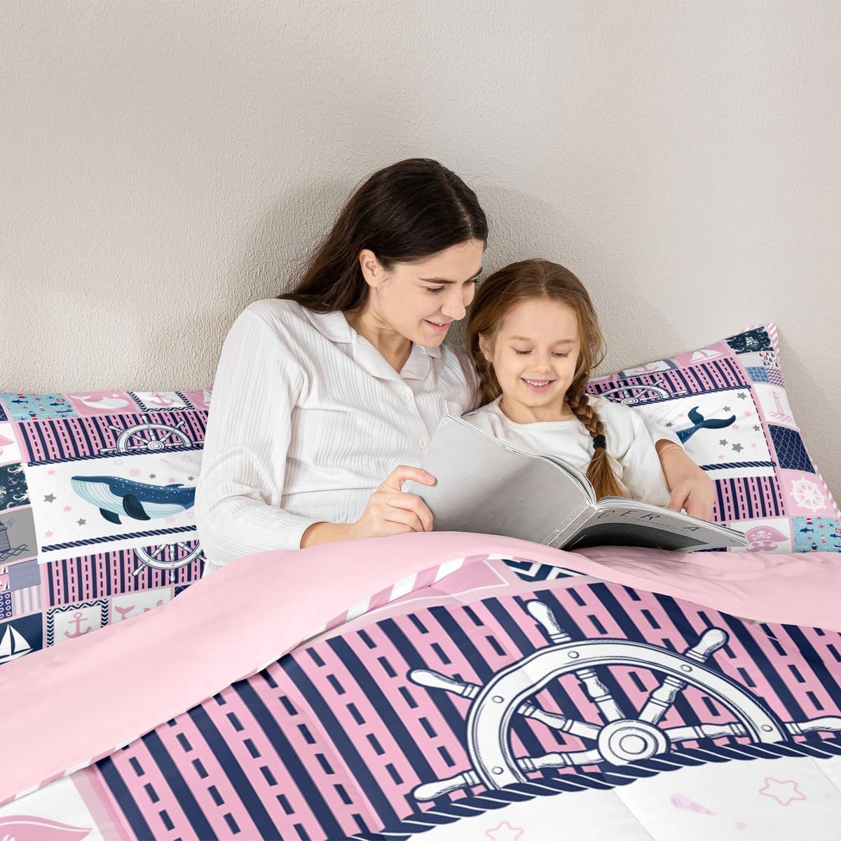 Homewish Nautical Comforter Set Queen Size,Whale Stars Anchor Lighthouse Bedding Set for Women Adult,Pink Grid Stripes Geometric Luxury Bed Duvet Insert, 2 Pillowcases