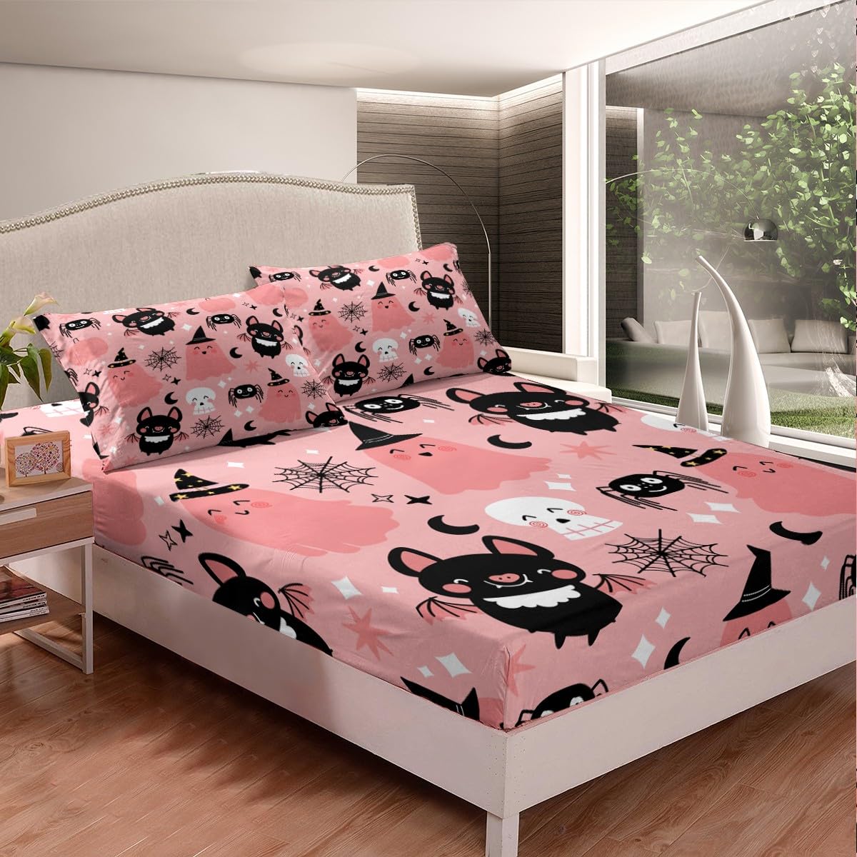 Feelyou Pink Halloween Bat Kids Full Size Bedding Set Decoration Cute Ghost Toddler Sheets Set for Boys Girls Kawaii Skull Fitted Sheet Pink Bed Sheet Set Collection