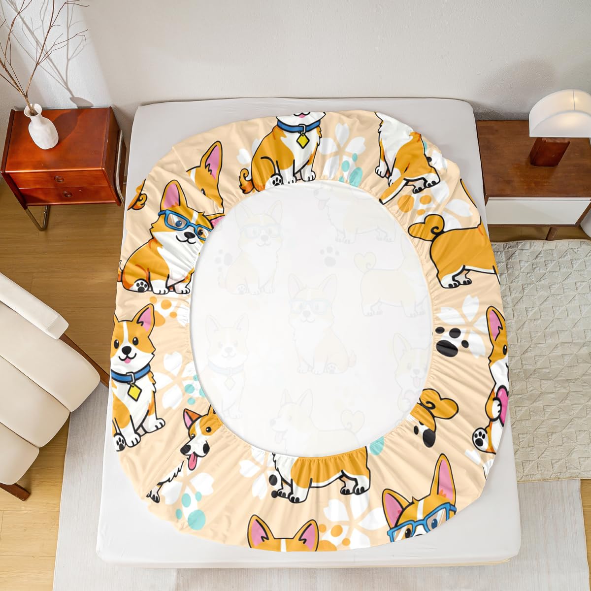Homewish Cute Corgi Sheet Set Full,Cartoon Dog Paw Bedding Set for Kids Teens Girls Boys,Smiling Dog Kawaii Yellow Bed Sheet Set 4pcs with Deep Pocket Fitted Sheet + Flat Sheet + 2 Pillowcases
