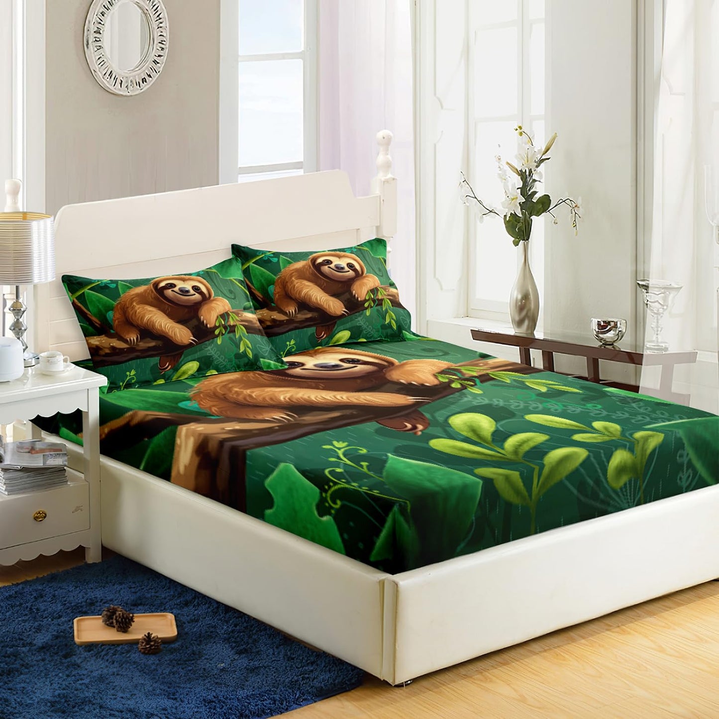 AILONEN Cute Sloth Fitted Sheet Twin Size, Cartoon Sloth on a Branch Bedding Set for Kids Girls Boys,Kawaii Animal Bed Sheet Set,Green Plant Bedsheets Set,1 Fitted Sheet 2 Pillowcases,3 PCS