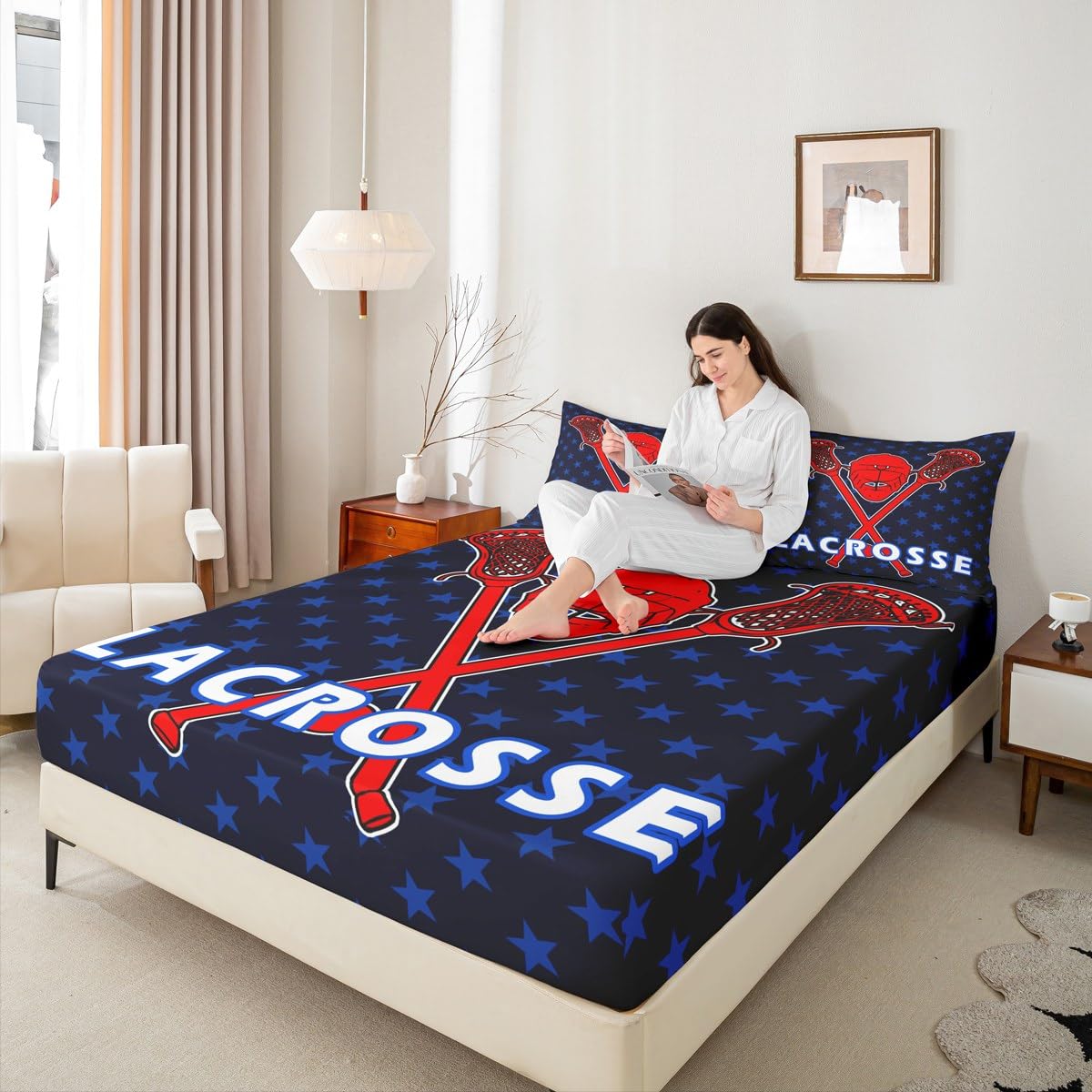 Lacrosse Fitted Sheet Blue Stars Lacrosse Balls Sticks Bedding Set for Kids Boys Girls Sports Games Bed Sheets Set Breathable Hockey Bed Cover Winter Sports Room Decor Bed Set Full Size