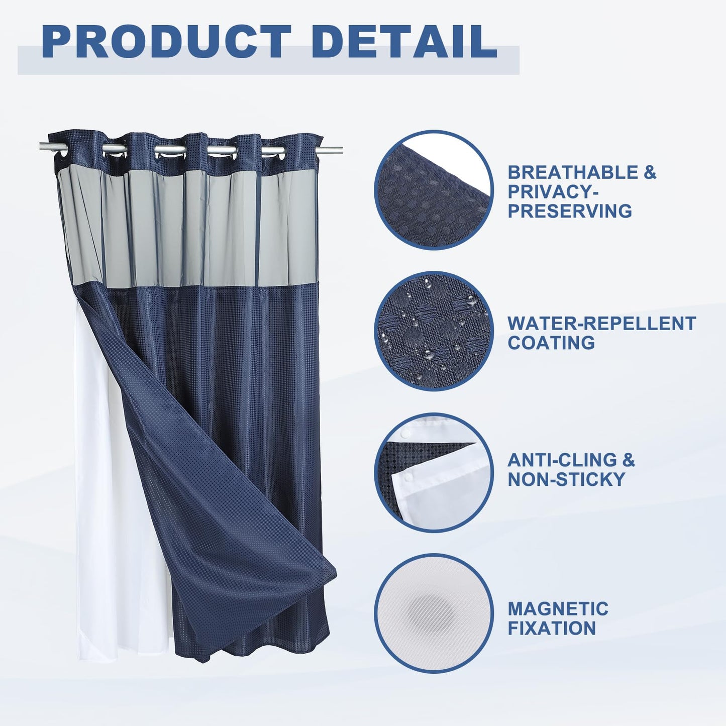 DTGN No Hook Shower Curtain, 71Wx72L Polyester Snap-in Removable Liner Set, Waterproof Washable Waffle Weave Textured Shower Curtains for Home Bathroom Hotel, Navy Blue