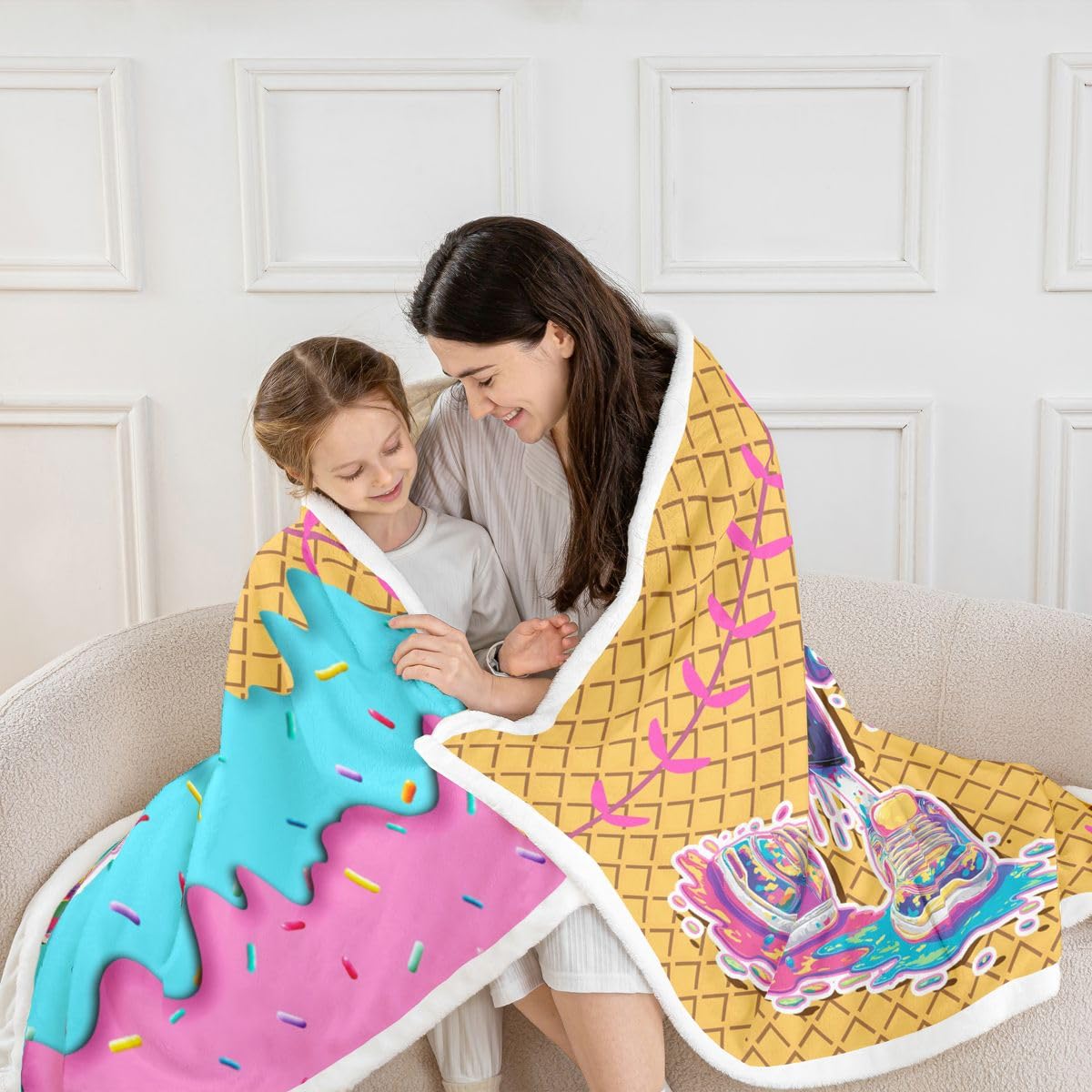 jejeloiu Ice Cream Baseball Fleece Throw Blanket Sweet Sport Hybrid Sherpa Blanket for Kids Women Men Plush Fuzzy Dessert 40"x50" Pink Teal Yellow for Bed Couch Chair Living Room Bedroom Decor