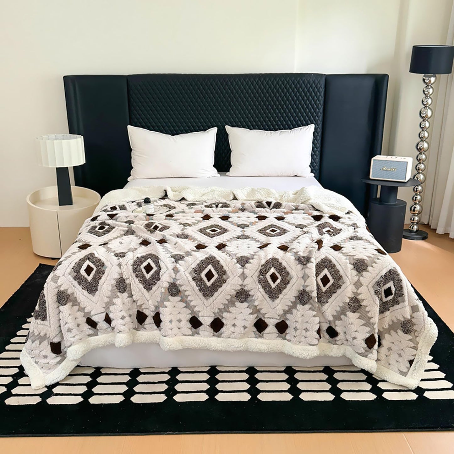 LEVINIS Boho Sherpa Fleece Blanket 80'' × 90'', Ultra Soft Aztec Queen Blanket for All Season, Plush, Cozy, Bohemian Throw Blankets for Bed/Couch/Sofa/Office/Camping, Dark Coffee