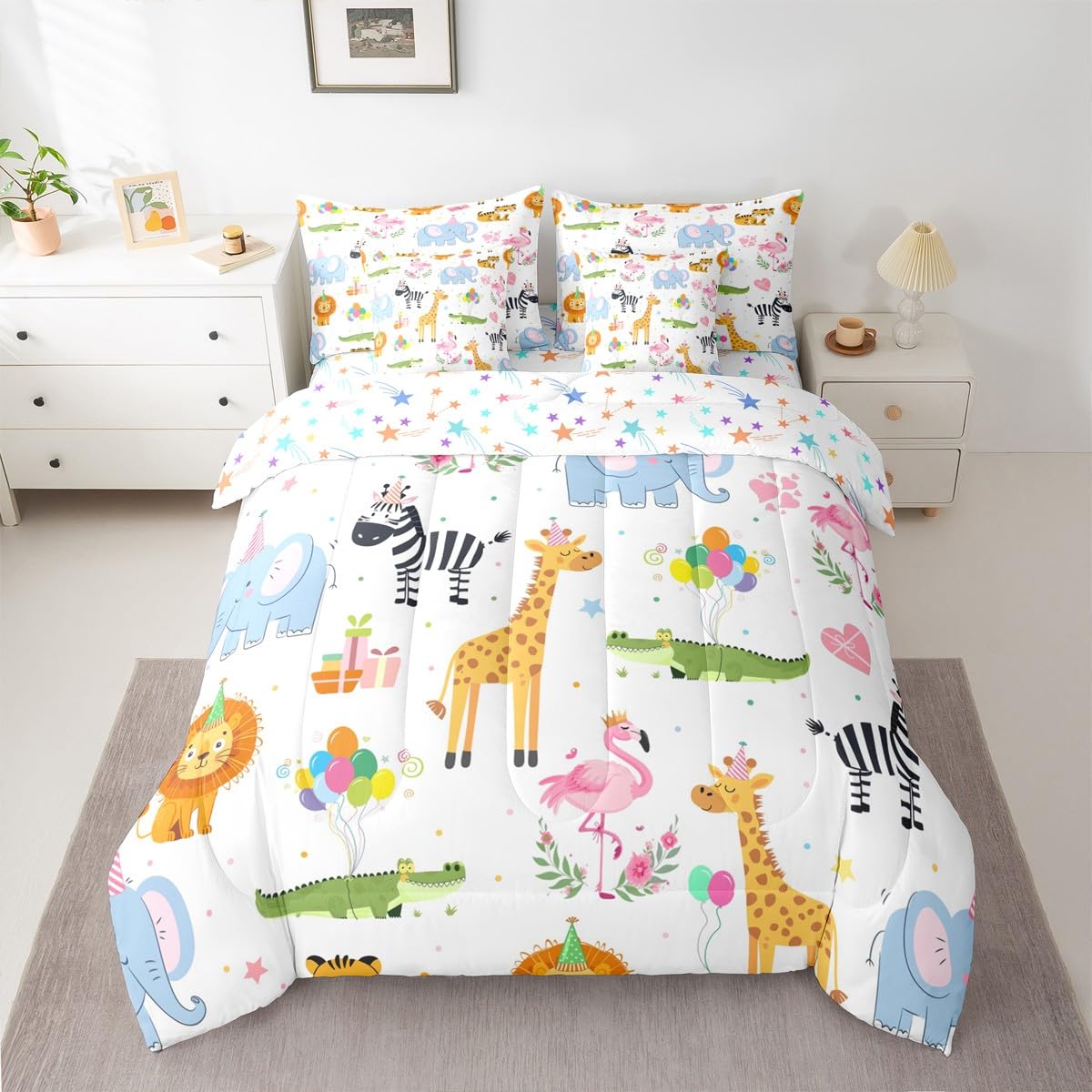Erosebridal Party Animals 7 Piece Comforter Set Twin for Nursery | Funny Cartoon Wild Animals Bedding Set Kids Boys Girls Flamingo Giraffe Elephant Zebra Crocodile Sheets Love Heart Floral Quilt