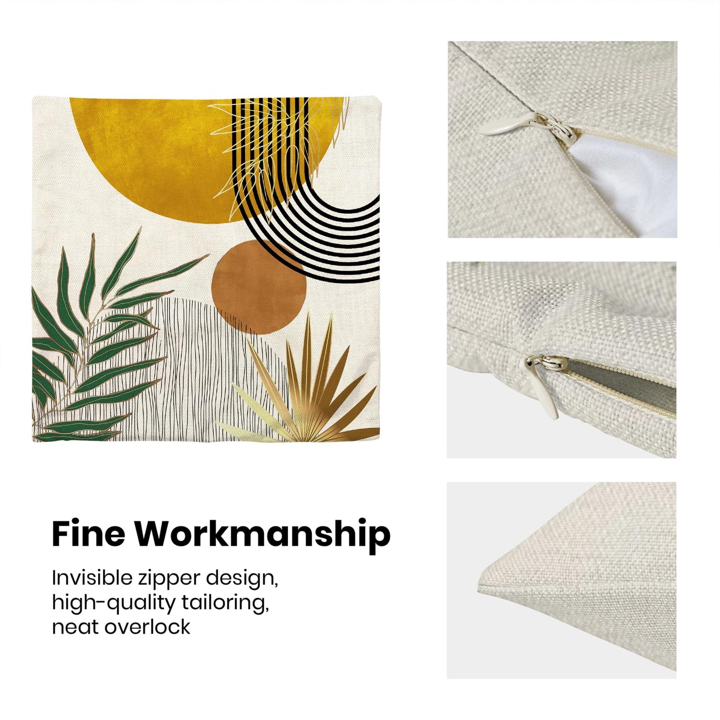 Boho Pillow Covers 16x16 Inch 2 Pcs,Mustard Yellow Green Tropical Leaf Summer Outdoor Decorative Throw Pillows,Mid Century Abstract Farmhouse Decor Pillowcase Linen Cushion Cover for Couch Sofa