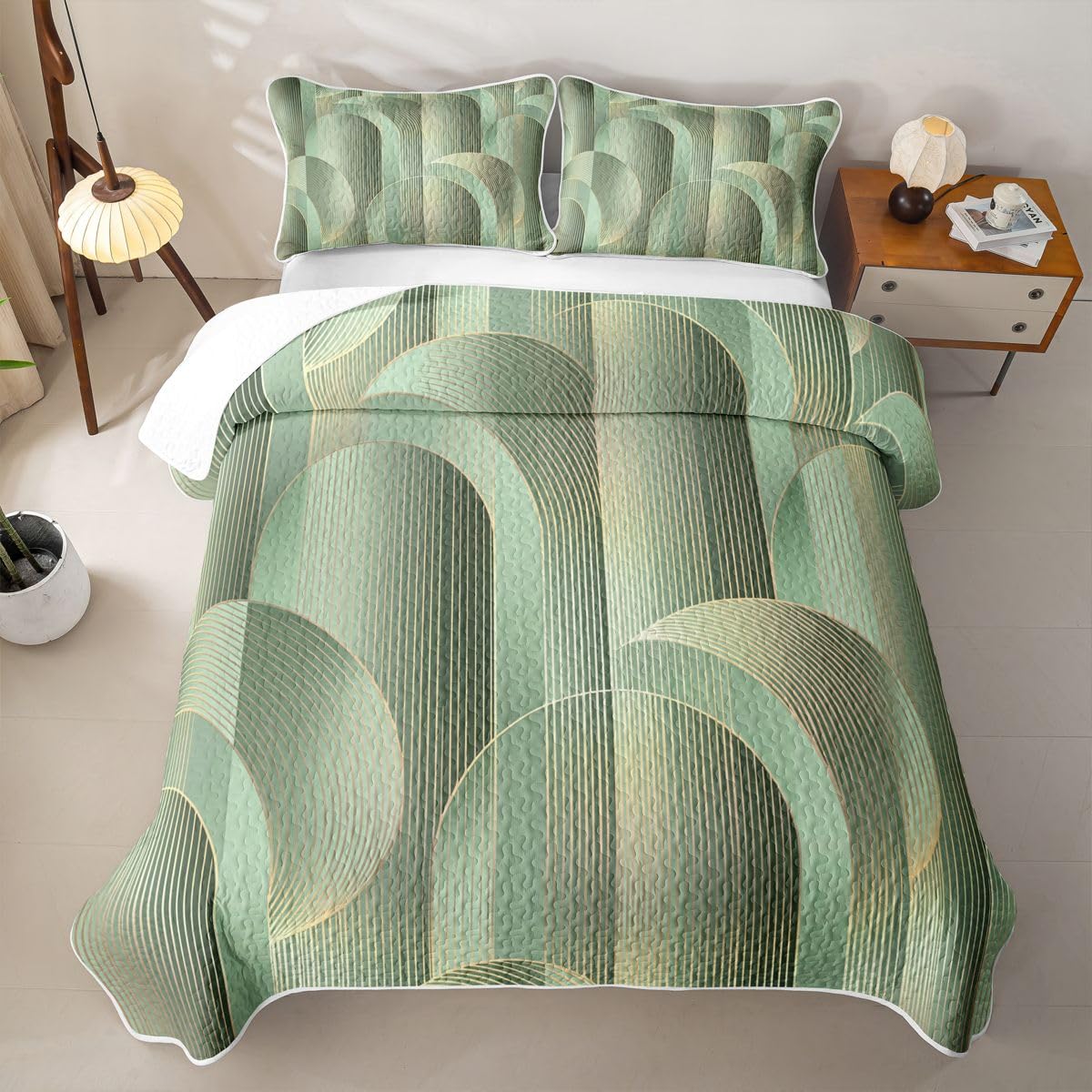 Erosebridal Geometric Quilted Bedspreadd Set Twin Ombre Boho Coverlet Set Modern Abstract Texture Bed Set Light Green Bedding Set