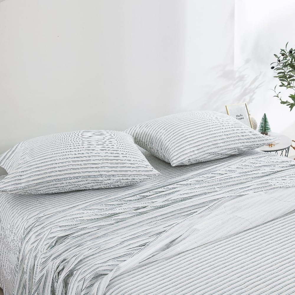 DAUAOTO King Size Cotton Bedding Printed Sheets Set, Up to 14" Deep Mattress, Hand Painted Striped Pattern Bedlinen Sets, Blue Stripe