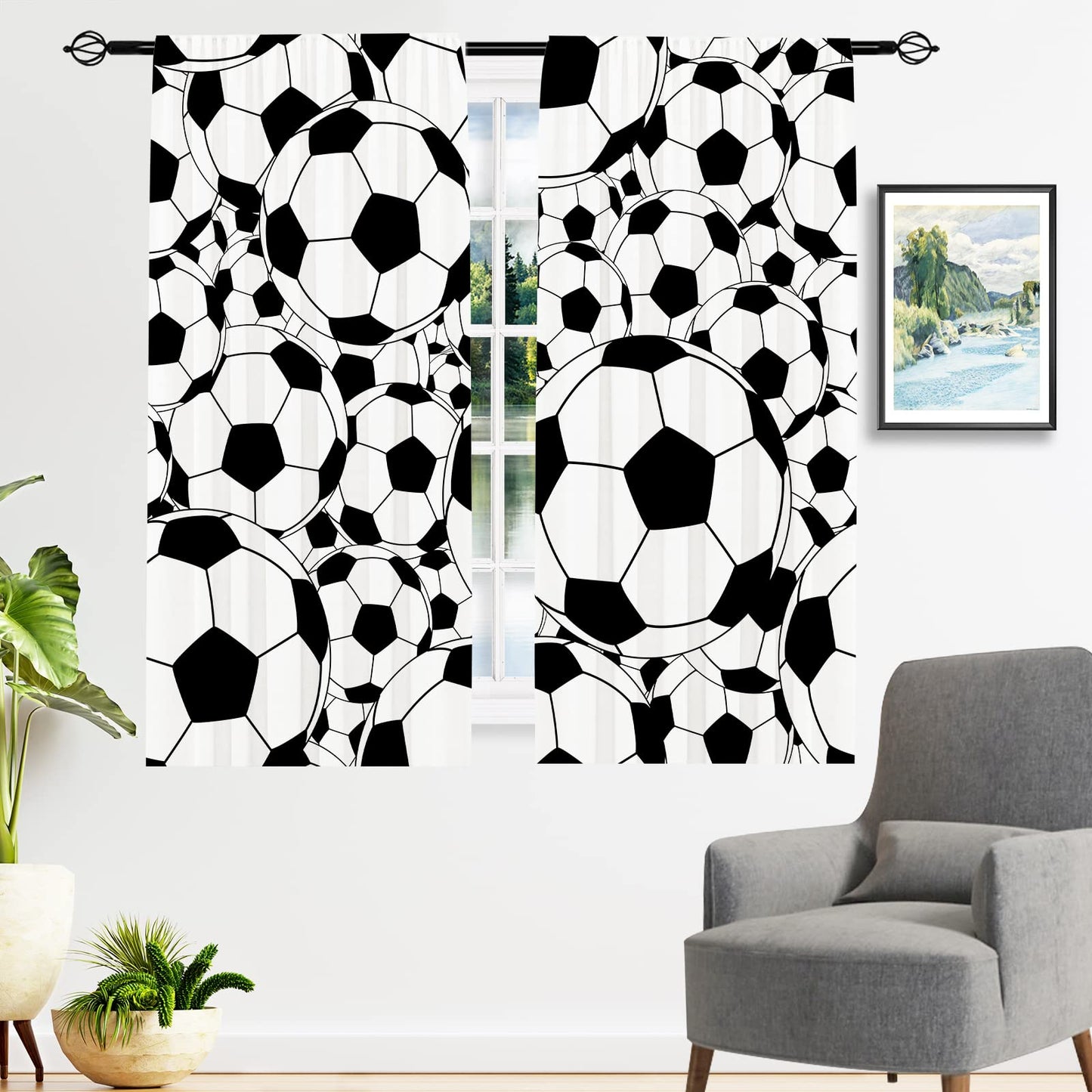 YUANZU Sport Curtains Rod Pocket Boys Kids Soccer Classical White and Black Football Balls Cartoon Print Pattern Window Drapes for Man Teen Nursery Baby Bedroom Playroom W42 x L63 Inch 2 Panels