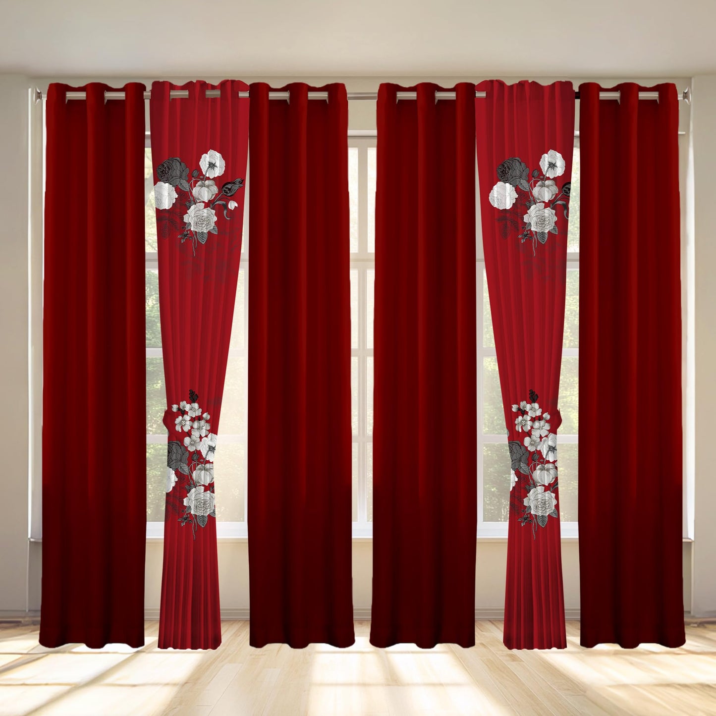 Deepsleep Queen Bedspread Set 9 Pieces, All Season Luxury Bed in a Bag for Bedroom, with 2 Pillowcases and 6 Curtains, Ultra-Soft Microfiber for Complete Bedroom Decor, Red and White Floral