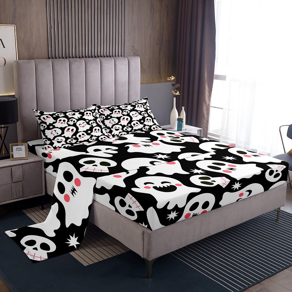 Feelyou Black Halloween Sheets Set Cute Ghost Twin Size Bedding Set Decoration for Kids Boys Girls Cartoon Autumn Happy Fitted Sheet Halloween Bed Sheet Set Collection