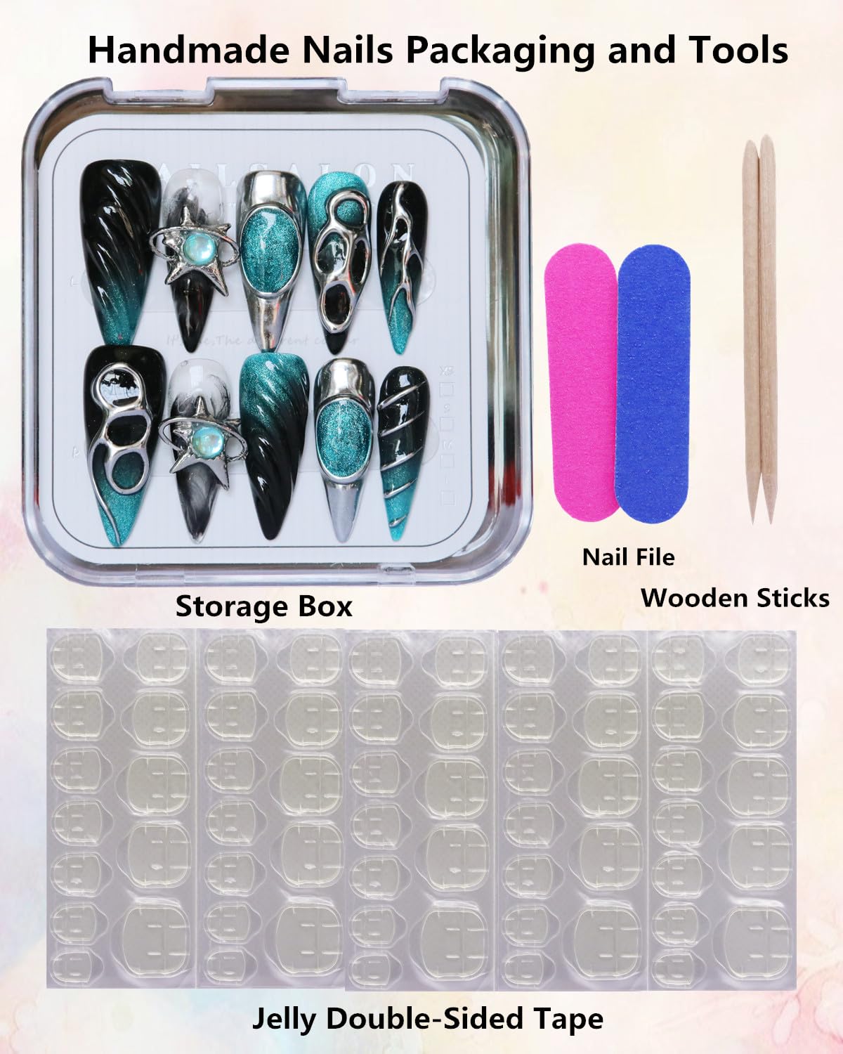 CAMILCY Luxury Handmade Press on Nails Long Stiletto Blue Black Chrome 3D Star Charm Glossy Gothic Fake Nails Reusable Acrylic Nail Tips for Women 10pcs (A036,M)