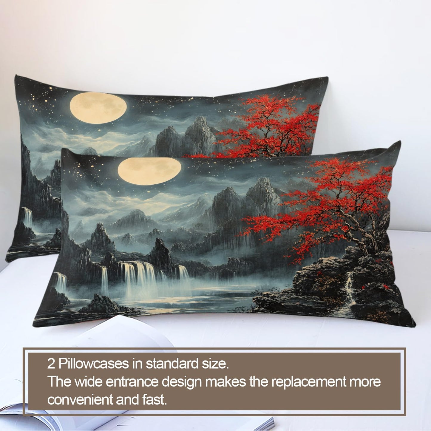 PAISUOQ Waterfall Bedding Sets Full Oriental Night Scene Comforter Cover with Zipper Ties, Traditional Paintings Duvet Cover with 2 Pillowcases, 3 Pieces，Bedroom Decor & Gifts