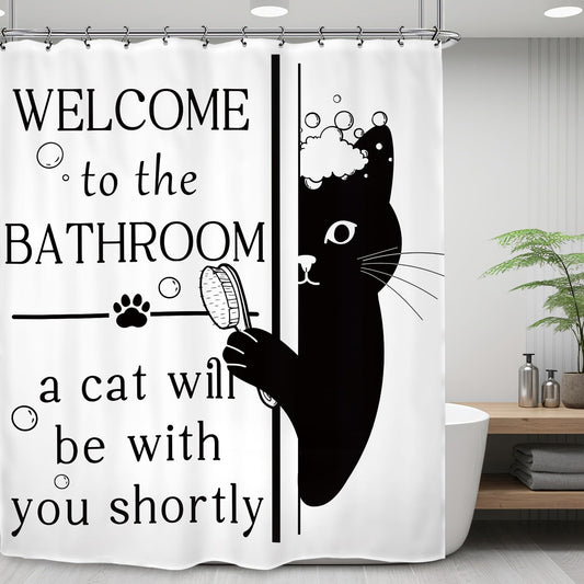 Kalmico Funny Hilarious Black Cat Shower Curtain 60Wx72L Inch Black White Cute Pet Animal Interesting Bathroom Set Accessories Decor with 12 Pack Hooks