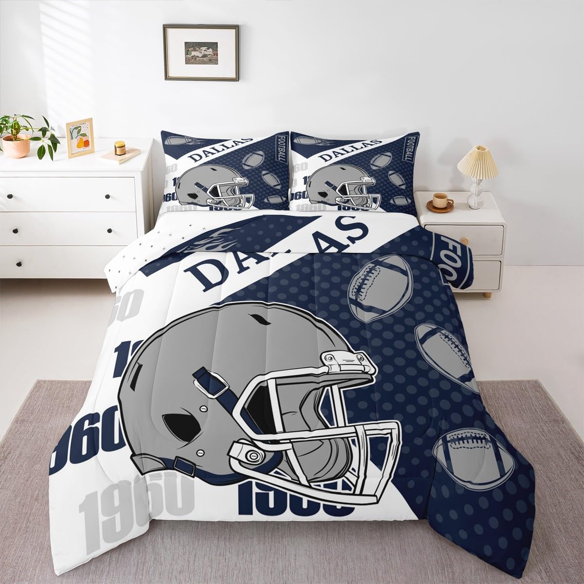 Feelyou Football Bedding Set Soft for Boys Girls, Dallas Comforter Set Full Size Football City Duvet Quilt Microfiber Bedroom Decor 3 Pcs with 2 Pillow Cases