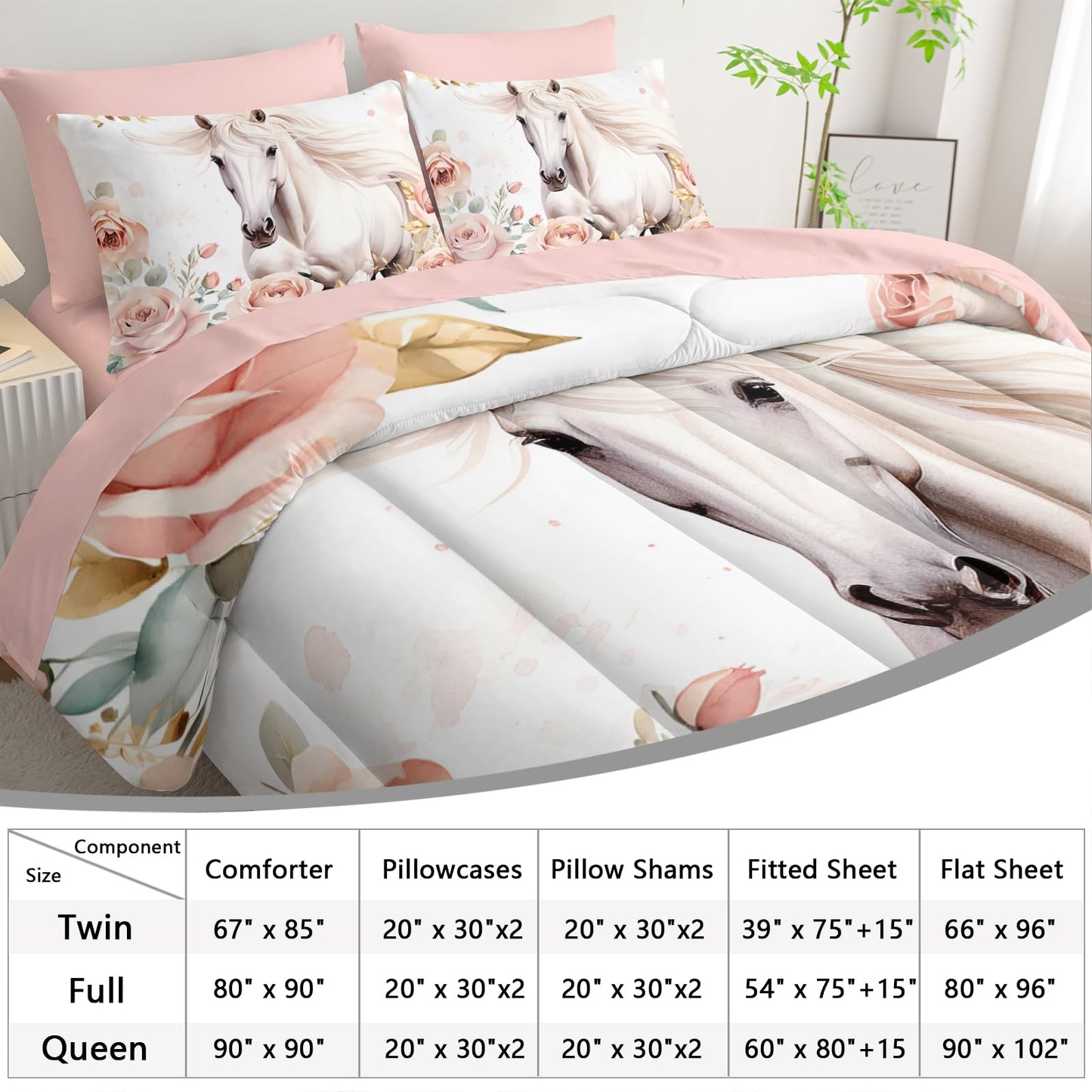 AILONEN Girls Horse Comforter Set Twin Size, Pink Flower White Bedding Set,7 Pieces Bed in a Bag,Cute Wild Animal Themed Comforter + Fitted/Flat Sheet + 2 Pillowcases + 2 Shams