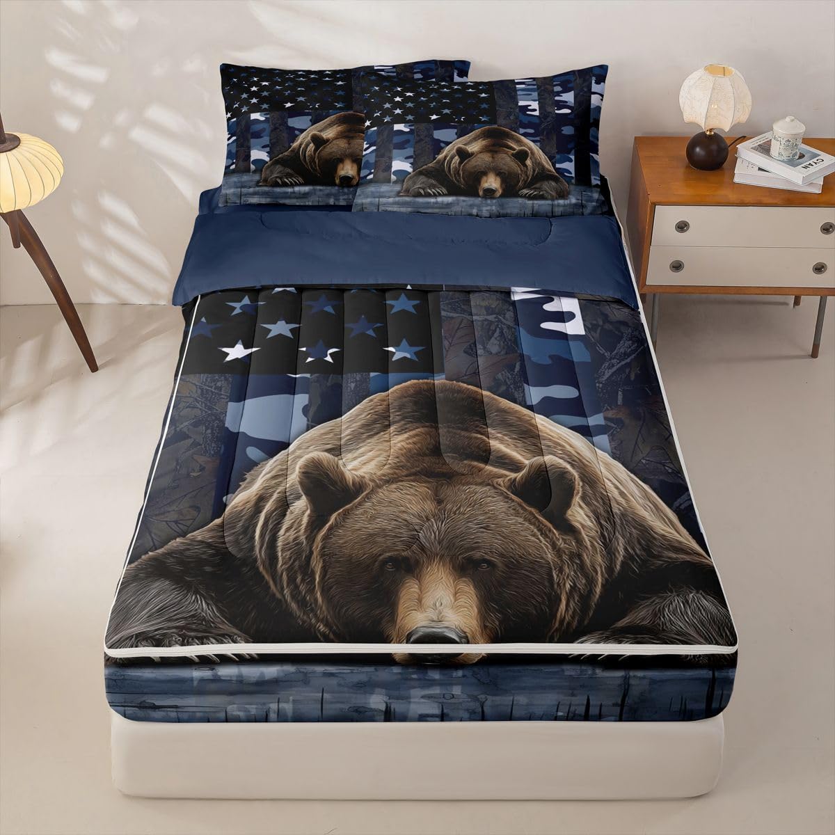 jejeloiu Bear Hunting Camo Zipper Bedding Twin Rustic Western Bear Bedding Sets for Kids Boys Girls American Flag Comforter Set with Fitted Sheet 2 Pillowcases One Zipper Bed Set for All Seasons