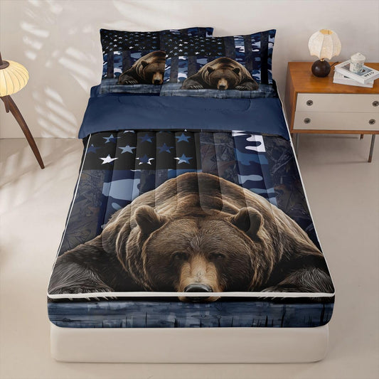 jejeloiu Bear Hunting Camo Zipper Bedding Twin Rustic Western Bear Bedding Sets for Kids Boys Girls American Flag Comforter Set with Fitted Sheet 2 Pillowcases One Zipper Bed Set for All Seasons