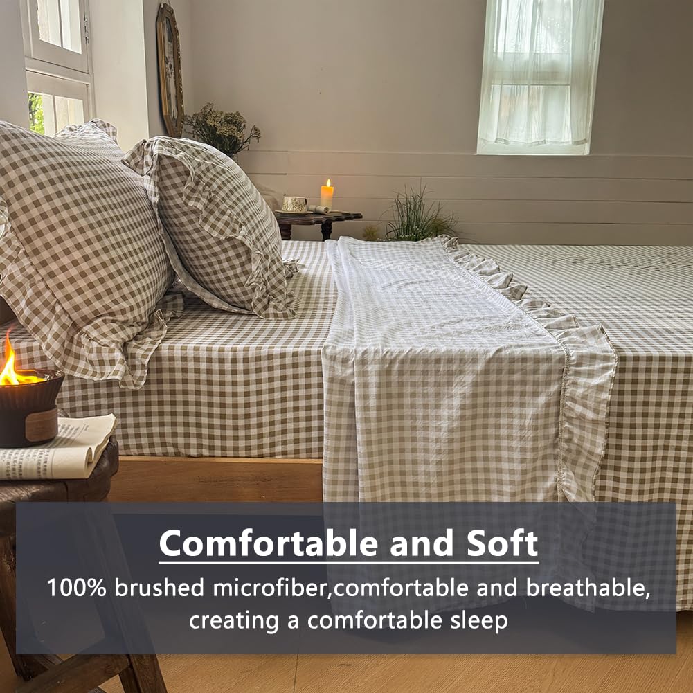 NSNLGSGC Tan Gingham Ruffle Queen Sheet Set, Taupe Soft Pre-Washed Microfiber Plaid Queen Bed Sheets, 4-Pieces Farmhouse Sheet Set with Deep Pocket