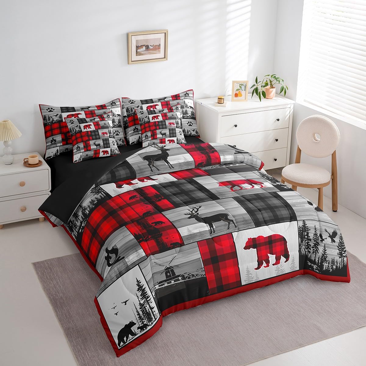 Feelyou Rustic Bear Comforter Set 7 Pieces Twin Size Kids, Deer Hunting Wood Cabin Bedding Set Boys Girls, Wildlife Hunting Theme Bed in a Bag,Comforter + Sheets + Pillowcases + Cushion Covers