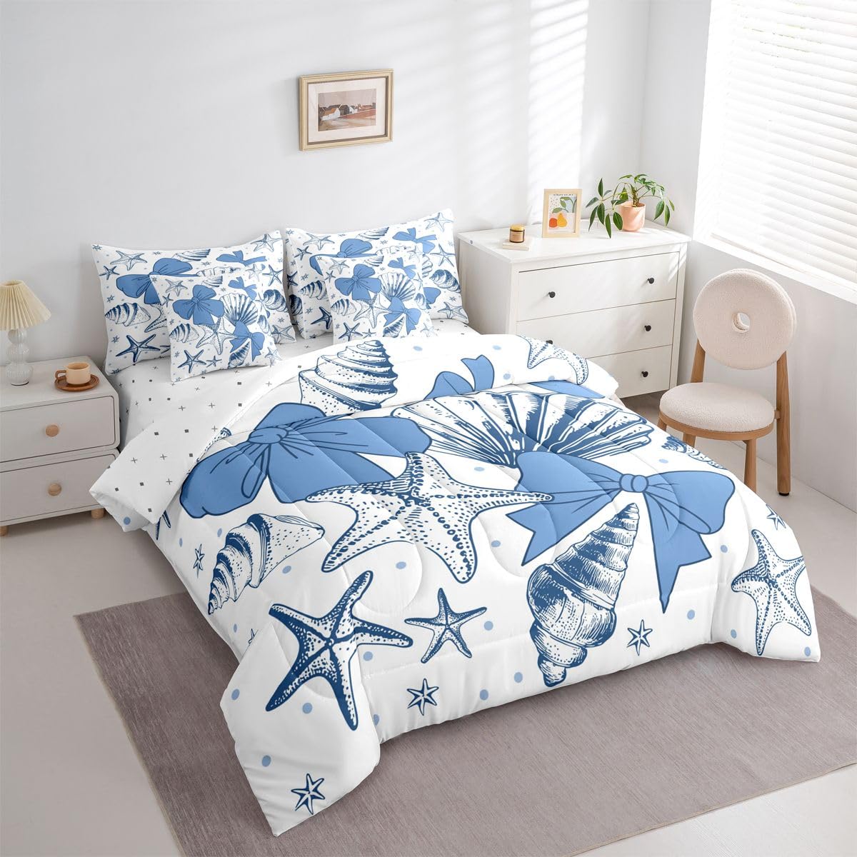 Feelyou Starfish Beach Comforter Set with Sheets 7 Piece King Size Blue Bow Bedding Set for Kids Boys Girls Ocean Marine Shell Bed in a Bag Bow Knot Print Room Decor Coastal Beach Ocean