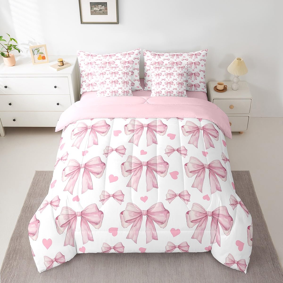 Erosebridal 7 Piece Pink Bowknot Kids Comforter Set King Bed in a Bag,Dreamy Princess Style Girls Bedding Set,Teens Romantic Love Heart Pattern Duvet Insert,Geometric Heart Bow Valentine Sheet Set