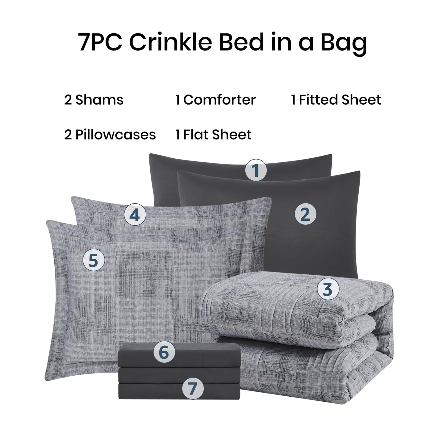 MaiRêve Charcoal Grey Queen Comforter Set, Textured Design Grey Crinkle Bed in A Bag Queen Size, Queen Comforter Set with 7 Pieces with Comforter, Sheets, Pillowcases & Shams 90"x 90"