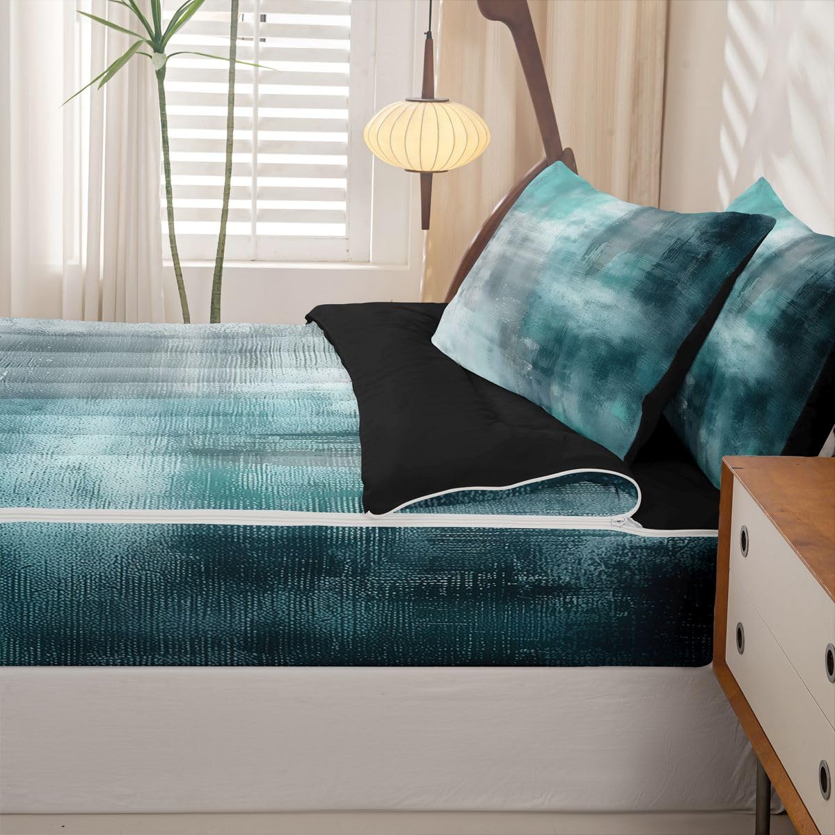 jejeloiu Abstract Twin Zipper Bedding Set Modern Art Kids Comforter Set with Fitted Sheet and 2 Pillowcases Cyan Bed in a Bag Zip Up Bedding Soft Microfiber
