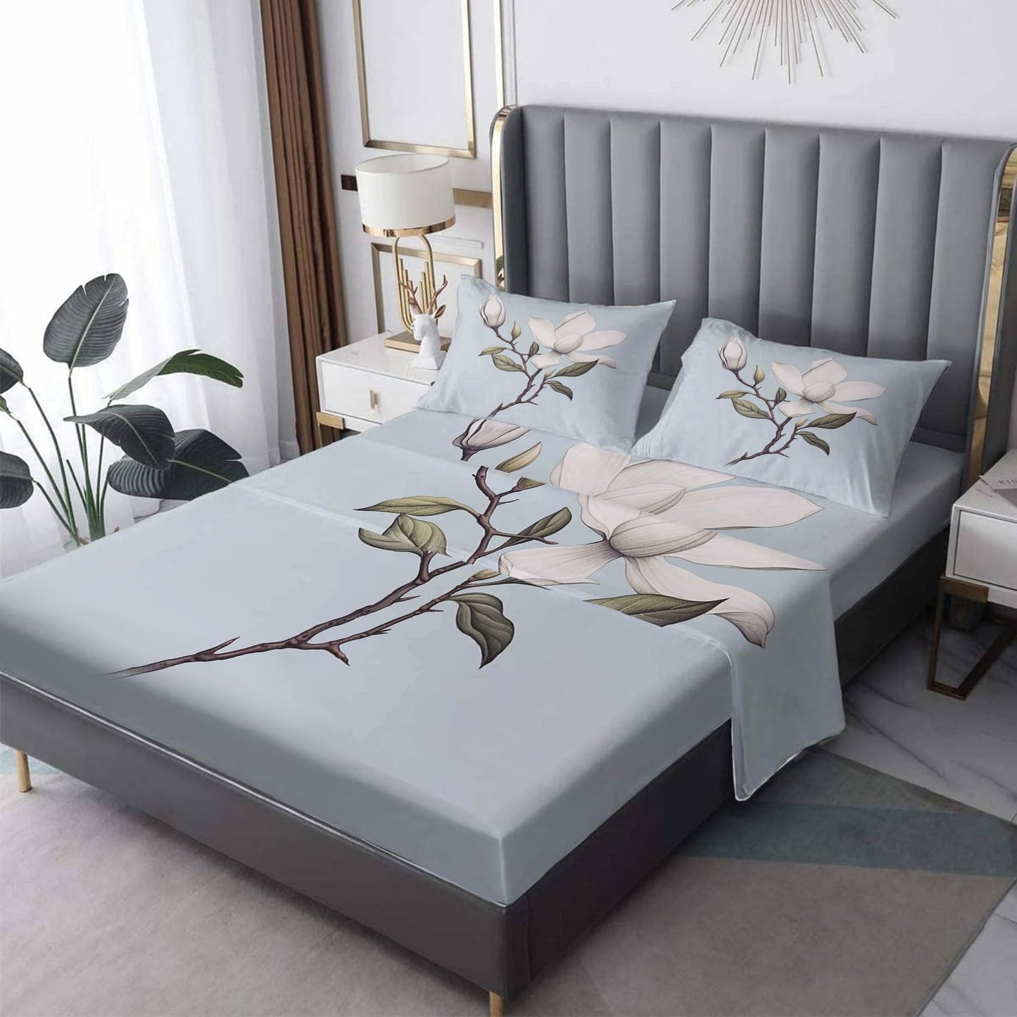 THYUNQ Magnolia Flower Split King Sheets Sets for Adjustable Bed, Floral Pattern Sheet Set - 16 Inch Deep Pocket, Super Soft Microfiber Printed Bedding Sheets & Pillowcases 5 Piece