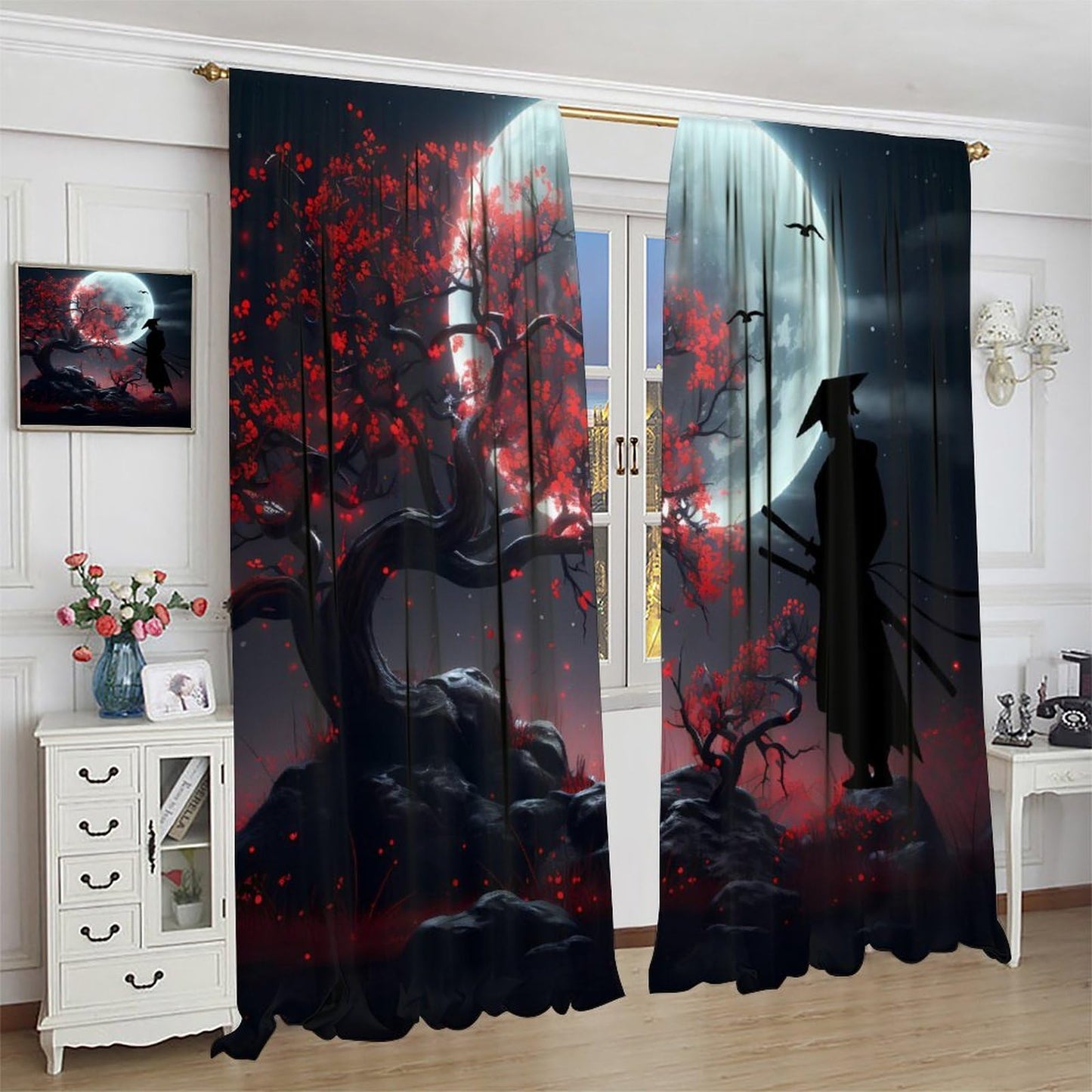 Llylumty Japanese Samurai Blackout Curtain Japanese Plum BlossomMoon Night Tree Modern Art Style Rod Pocket Window Drapes for Living Room Decor 21x45in,2 Panel Set