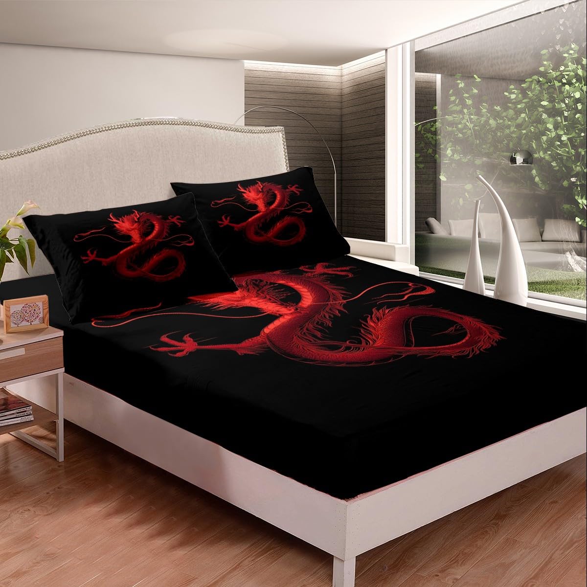 Feelyou Dragon Monster Bedding Sheets Full Red Dragon Bed Sheet Set for Adult Kids Classical Monster Fitted Sheet Black Red Cool Bed Cover 3Pcs,1 Fitted Sheet+2 Pillow Sham（No Flat Sheet）