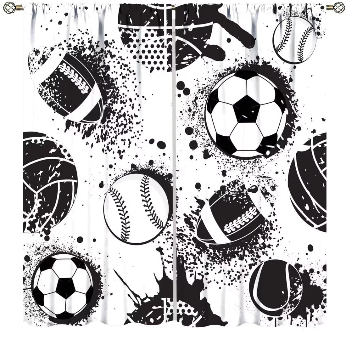 Sports Themed Curtains for Boys Abstract Basketball Football Black White Grunge Window Treatments for Teens Girls Bedroom Living Room Décor Drapes 2 Panel Sets Total Size 42" x 45"