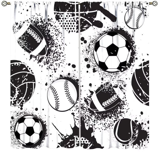 Sports Themed Curtains for Boys Abstract Basketball Football Black White Grunge Window Treatments for Teens Girls Bedroom Living Room Décor Drapes 2 Panel Sets Total Size 42" x 45"