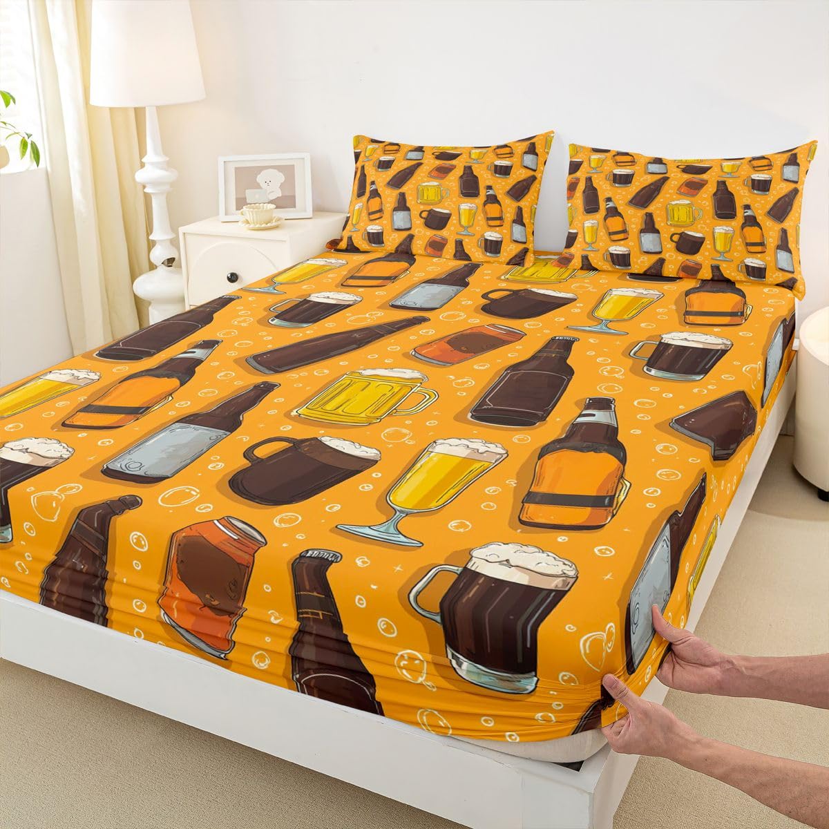 Beer Theme Fitted Sheets Full Size (No Flat),Beer Bottle and Glass Print Bedding Set 3Pcs,Kids Teens Woman Room Decor,Cheers Bed Sheet Drinking Beer Deep Pocket Sheet,2 Pillowcases