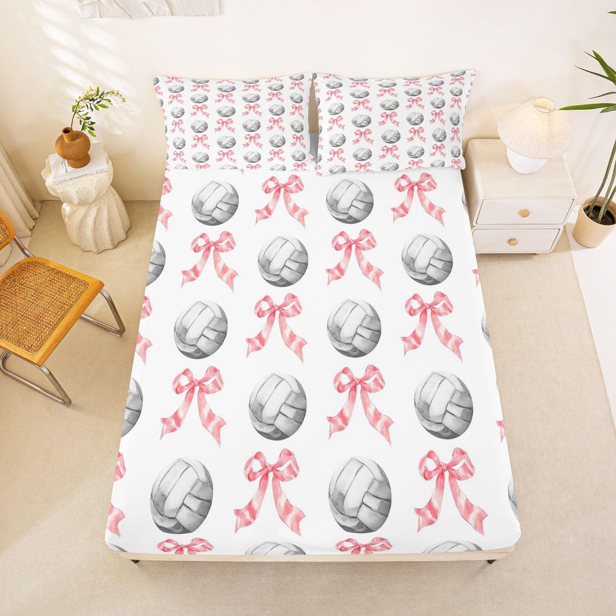 Castle Fairy Pink Bowknots Fitted Sheet Queen Size (No Flat),Cartoon Volleyball Bedding Sets 3Pcs,Girls Boys Adult Room Decor,Sports Theme Bed Cover Cute Kawaii Deep Pocket Sheet,2 Pillowcases