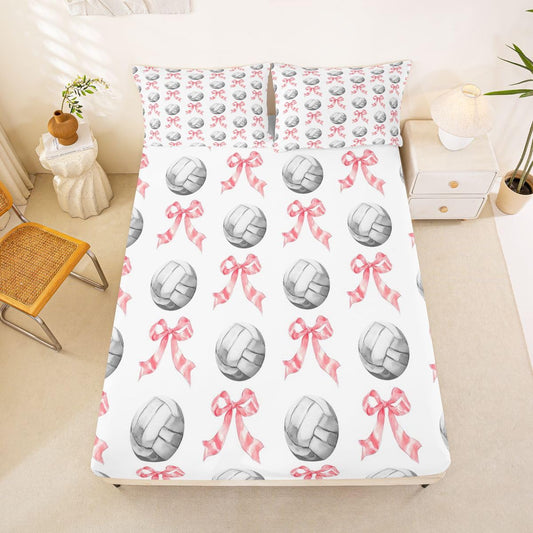 Castle Fairy Pink Bowknots Fitted Sheet Queen Size (No Flat),Cartoon Volleyball Bedding Sets 3Pcs,Girls Boys Adult Room Decor,Sports Theme Bed Cover Cute Kawaii Deep Pocket Sheet,2 Pillowcases